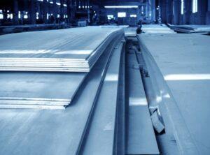 Pile of steel sheets in a warehouse